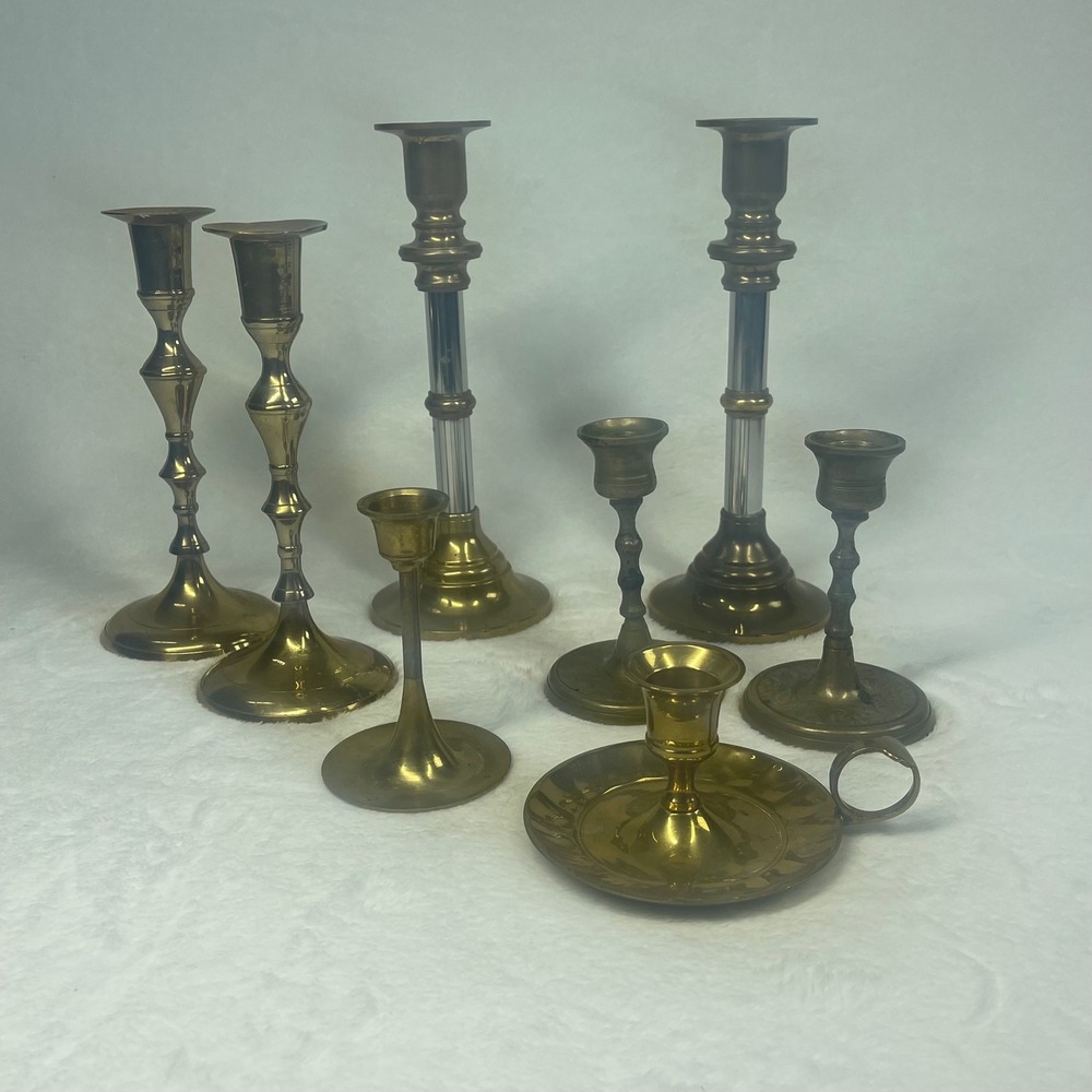 Vintage Brass Candle Holder Set of 8 Mixed Heights Etched Floral Chamberstick